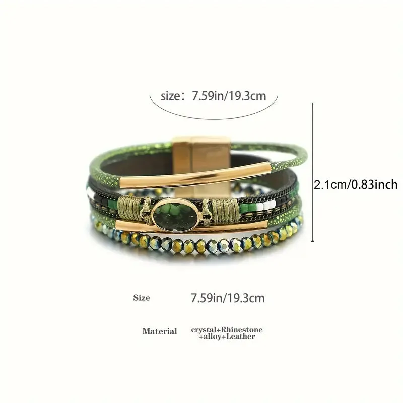 Vintage-Inspired Bohemian Braided PU Leather Wrap Bracelet - Adorned with Artificial Crystal Gemstones For Women