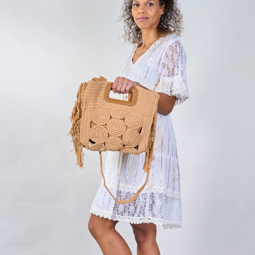 Woven crochet bags with handle and fringe wholesale