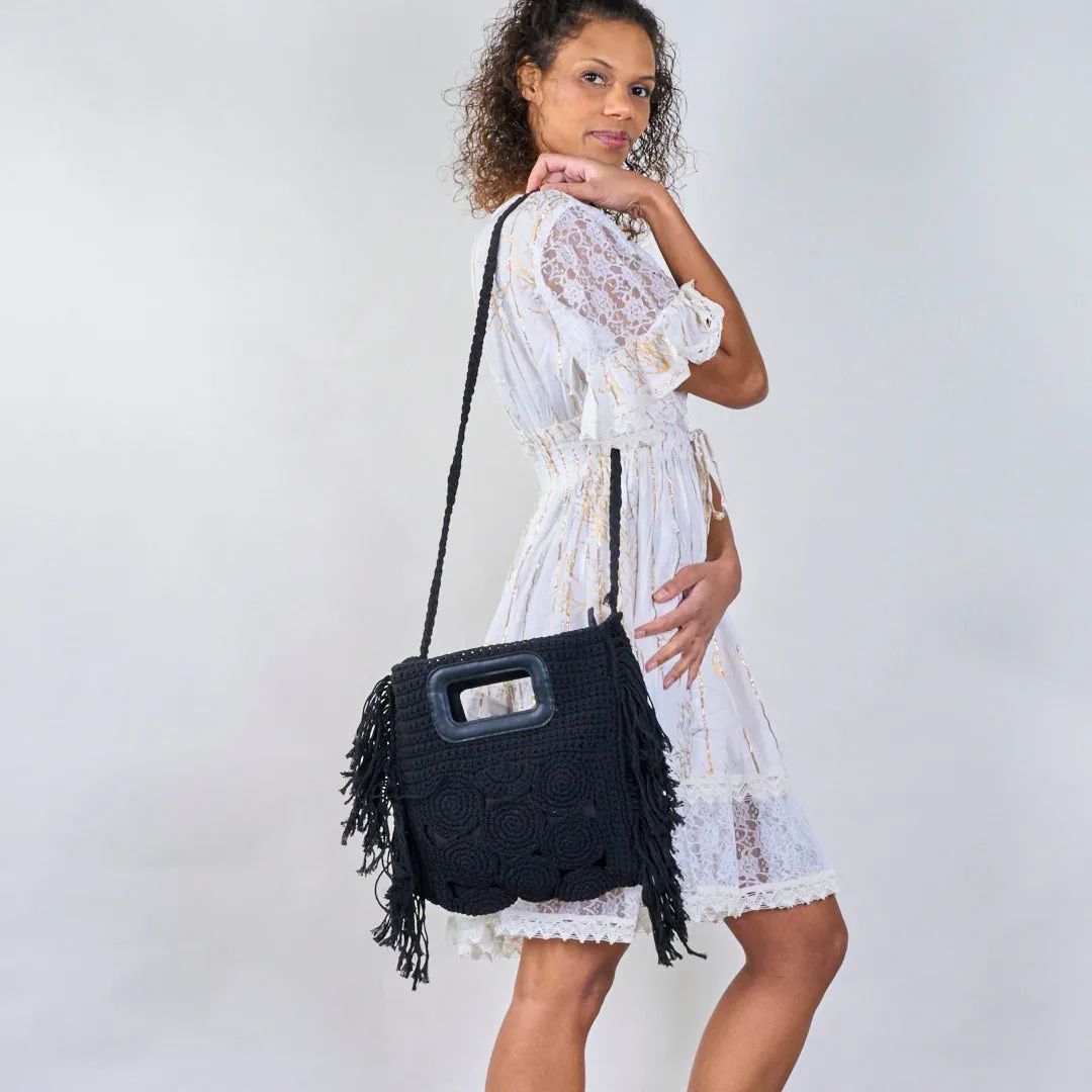 Woven crochet bags with handle and fringe wholesale