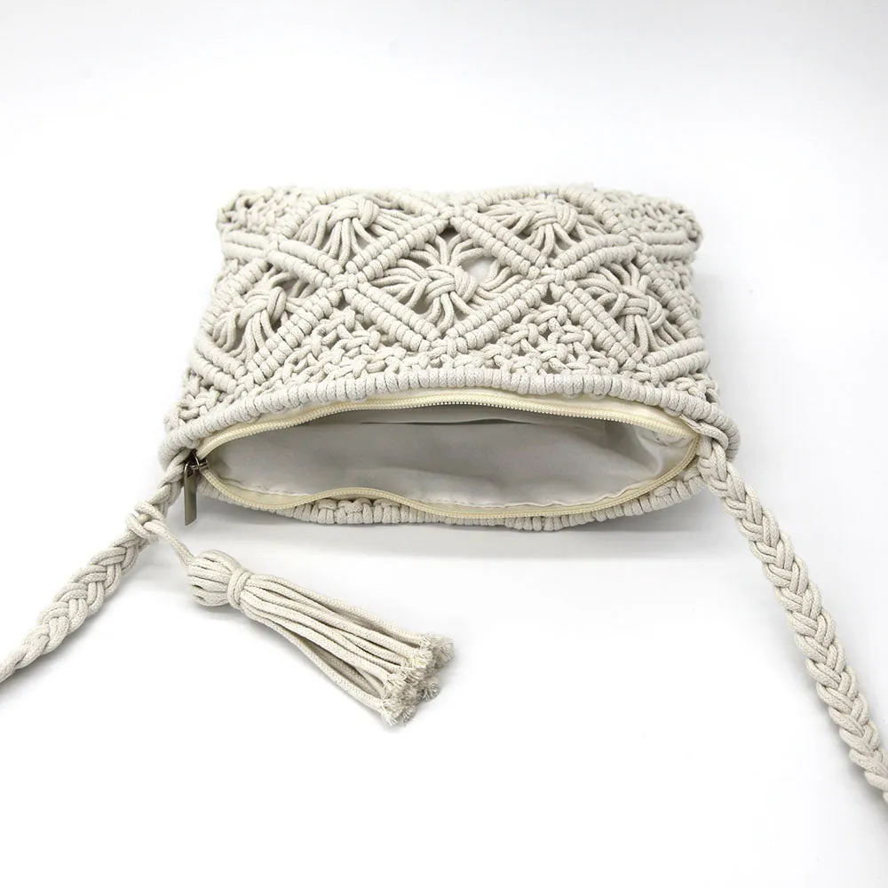 Woven Summer Shoulder Bag with Tassel in White